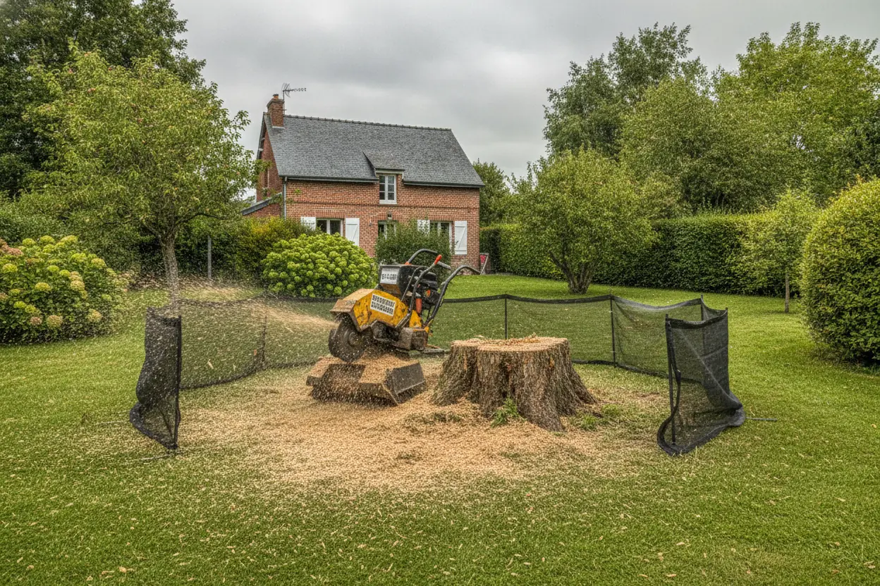 Rognage de souche dans un jardin de Bonsecours