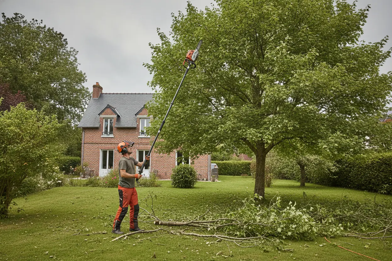 Élagueur taillant un arbre dans un jardin rouennais