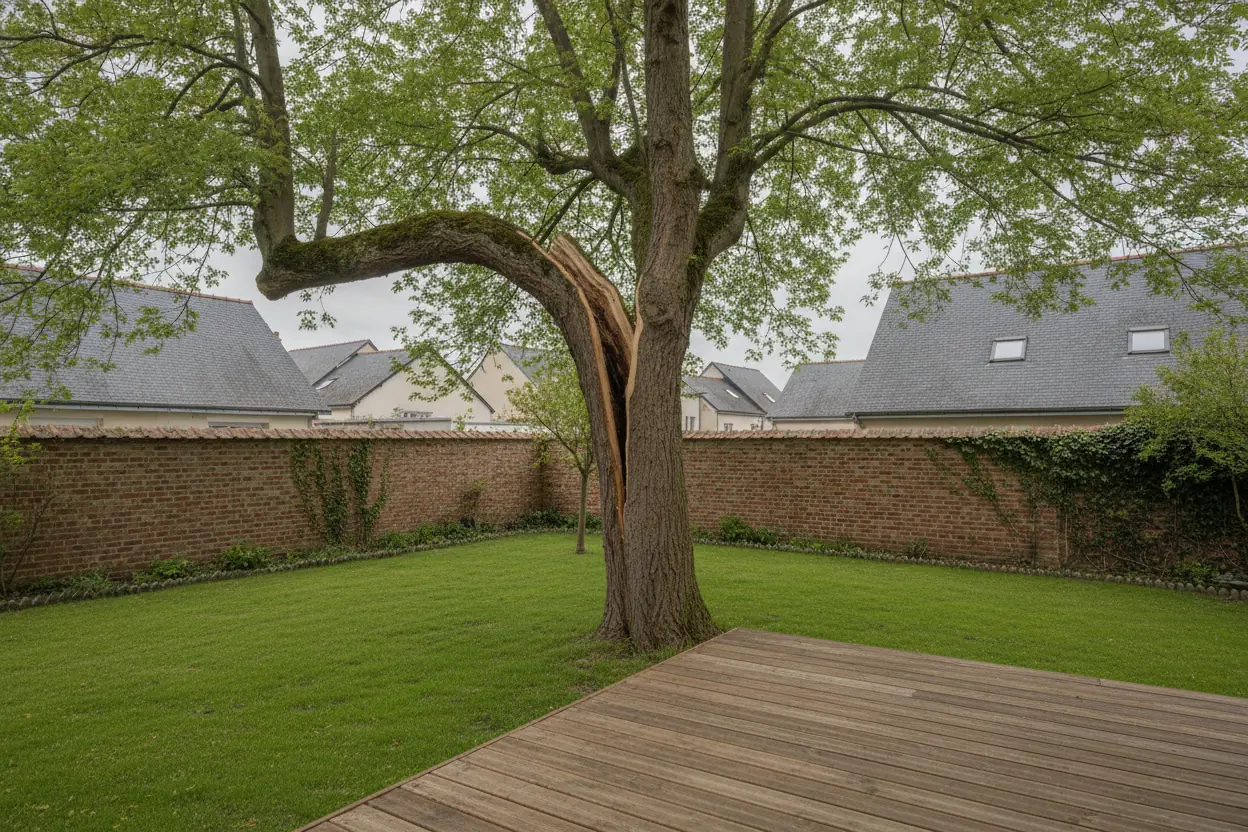 Frêne à la fourche fissurée au-dessus d'une terrasse à Saint-Sever, Rouen