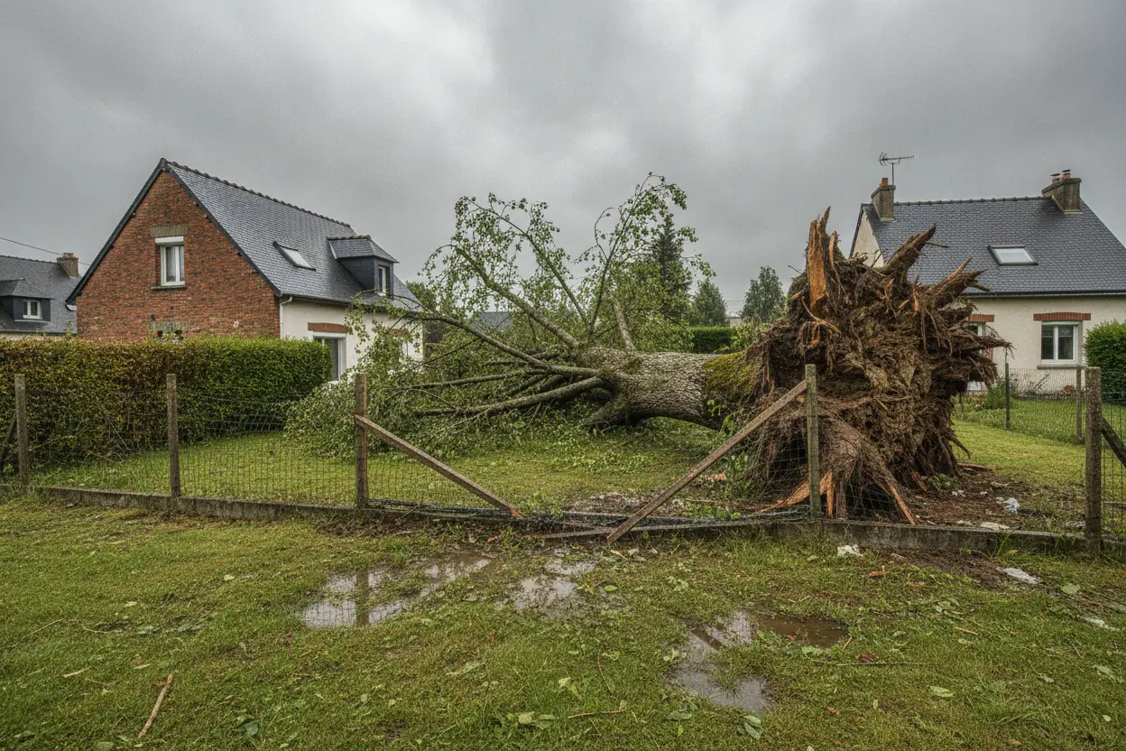 Arbre déraciné couché sur une clôture à Mont-Gargan, Rouen
