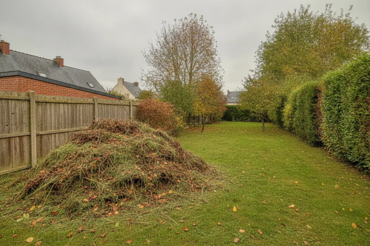 Tas de déchets verts accumulés en fond de jardin à Bihorel, Rouen