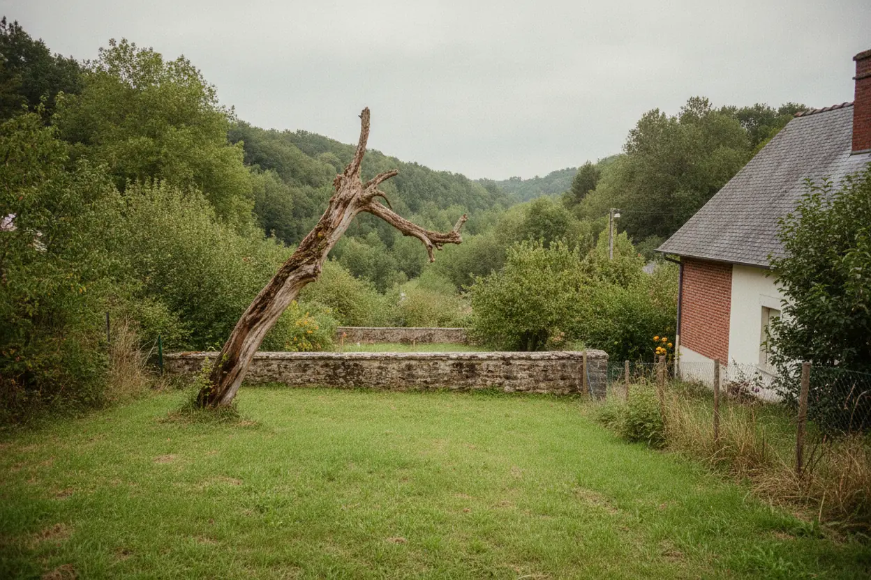 Arbre mort penché en fond de jardin à Bonsecours