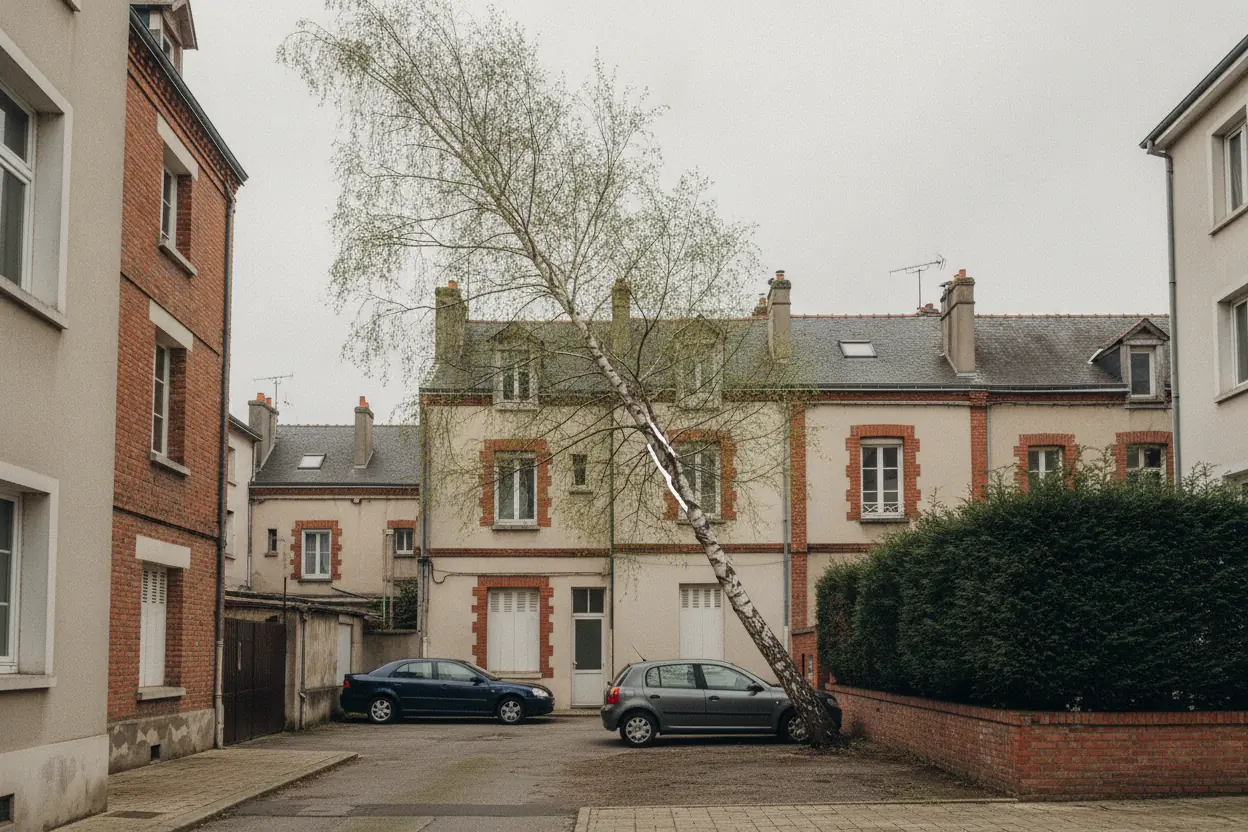 Bouleau penché avant démontage au Petit-Quevilly